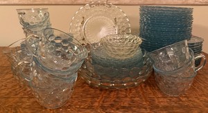 Large 65 Piece Clear Blue Hobnail Dinnerware Lot