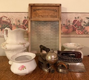 Vintage Washboard, Antique Irons and Ceramic Pitcher Lot