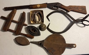 Twelve-Piece Vintage LOT - Red Ryder BB Gun, Cast Iron Tongs, Horseshoes, Woodworking Clamp