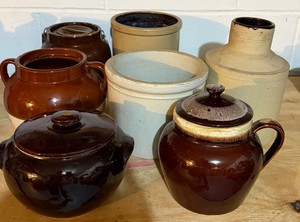 Seven-Piece LOT Crock Canisters, Bean Pots and Jars