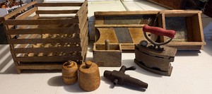 Primitive LOT Egg Crate, Cabbage Slicer, Butter Press, Tap