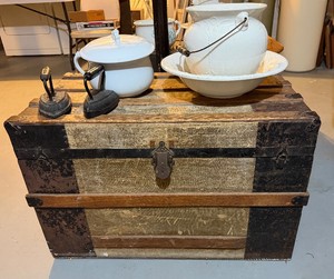 Steamer Trunk and Chamber Pots Ironstone and Antique Irons