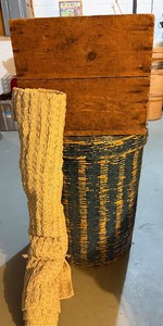 Vintage Wicker Basket with Lid and Rag Rug and Wood Crate with Leather Handles