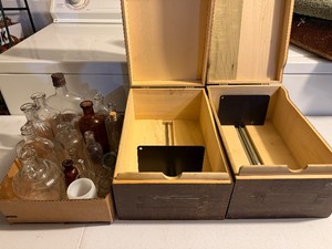 Antique Bottles and Vintage Wooden File Boxes