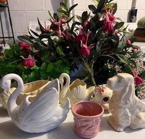 Vintage Faux Floras and Swan Planters