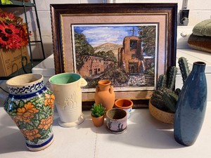 Southwestern Decor including Miro Kenarov Santa Fe, New Mexico Artwork and Redwing Cactus Motif Vase