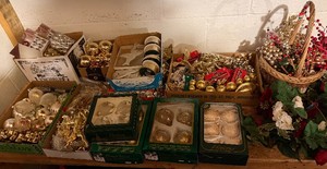 Large Gold Toned Holiday Decor Lot HUGE Ornament Lot Most New