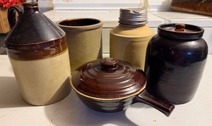 Lot of 7 Crocks Stoneware Jar with Screw on Aluminum Lid