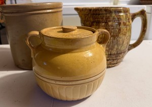 Lot of 3 Crocks Yelloware Bean Pot and Barrel Pitcher Red Wing and Morton