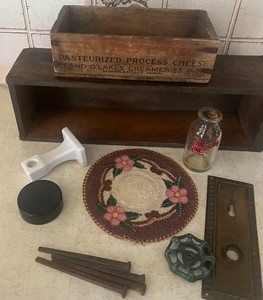 Vintage Hooked Table Mat, Sewing Drawer and Land O Lake Cheese Box
