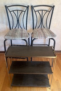Two Metal Counter Height Bar Stools and Metal Bookshelf