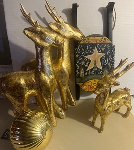 Gold Reindeer Lot of 3 and Holiday Wood Sled
