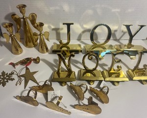 Brass NOEL and JOY Stocking Holders Brass Angel Candlesticks Misc