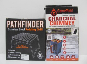 2 Brand New Camping Cooking Items Charcoal Chimney &amp Folding Grill