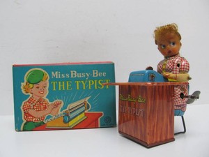 Vintage Miss Busy-Bee the Typist Tin Litho Windup Toy wOriginal Box