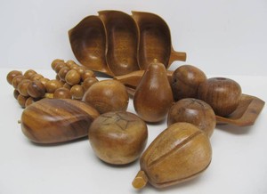 Large Group of Vintage Carved Wood Fruit wServing Pieces