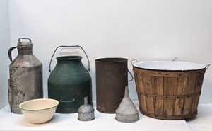 Large Lot of Primitive Vintage Decor Items - Bushel Basket, Enamelware, Dairy Cans etc