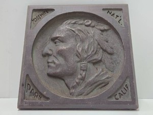 Awesome Original Vintage Relief Carved 1930s Yosemite Natl Park Wooden Indian Head Wall Plaque