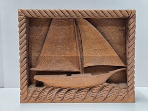 Large Heavy Vintage 1959 Relief Carved Wood Sailboat Folk Artwork