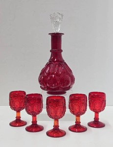 Vintage Red Glass Moon &amp Stars Decanter Set