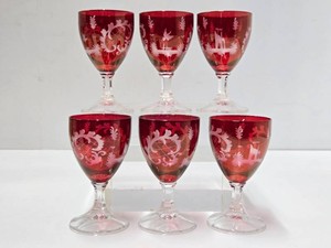 Vintage Bohemian Cranberry Cut-to-Clear Crystal Goblet Set