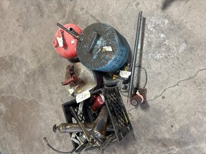 Garage lot- metal gas cans, grease guns