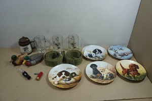 Assorted Collectibles - Plates, Mugs, Knife, Prints, Belts, and Blanket