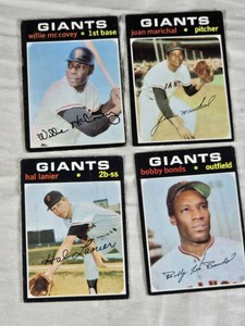 Lot of 4 San Francisco Giants Vintage Baseball Cards Featuring Juan Marichal, Bobby Bonds, Willie McCovey, and Hal Lanier from 1971 Topps.
