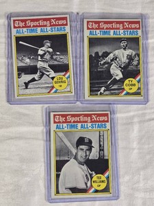 Lot of 3 Vintage 1976 Topp Baseball Cards Featuring Ty Cobb, Lou Gehrig, and Ted Williams - All-Time All-Stars from The Sporting News