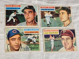 Lot of 4 Vintage 1956 Topps Baseball Cards Featuring Dixie Howell, Windy McCall, Ray Jablonski, and Wally Westlake