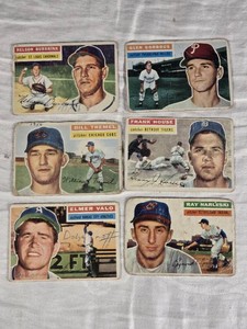 Lot of 6 Vintage 1956 Topps Baseball Cards Including Glen Gorbous, Frank House, Ray Narleski, Nelson Burbrink, Bill Tremel, and Elmer Valo.