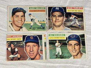 Lot of 4 Vintage 1956 Topps Baseball Cards Featuring Fred Wilson, Alex Kellner, Al Silvera, and Bob Turley