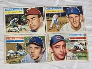 Lot of 4 Vintage 1956 Topps Baseball Cards Featuring Jim Hegan, Willie Jones, Ray Jablonski, and Frank Sullivan