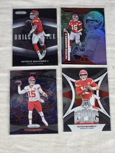 Lot of 4 Patrick Mahomes II Inserts - Includes Panini Prizm Brilliance, Fireworks, Illusions, and Mosaic Epic Performers