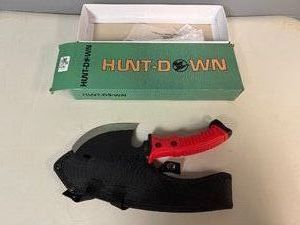 Hunt-Down 10.5 SurvivalCamping Axe, Stainless Steel Blade with a Gut Hook and Serrated Spine, Red Textured Hard Rubber Grip