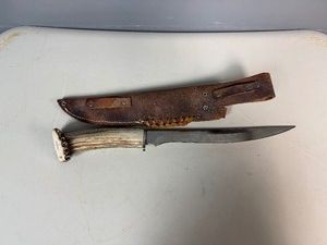 Vintage Fixed-Blade Hunting Knife Features a Stag Antler Handle and Leather Sheath 17 Overall