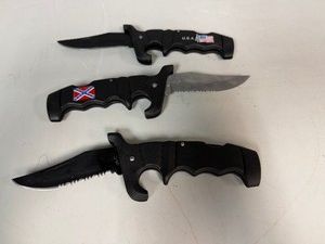 Three Black Tactical Folding Pocket Knives
