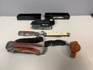 Collection of Five Pocket Knives and Cabelas Multitool Pocket Knife