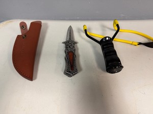 Matsato 8 Leather Sheath, Sling Shot, Ornate Folding Pocket Knife (Handle is Broken)