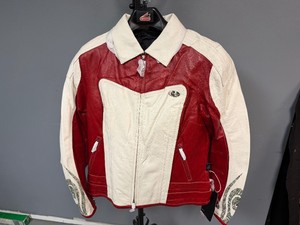 Cream and Red Leather Womens Biker Jacket (Size 10) Never Worn.