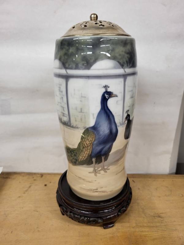 Peacock Porcelain Lidded Urn on Stand