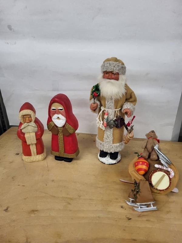 Hand-Carved Santa Figurines & Christmas Ornaments Mixed Lot