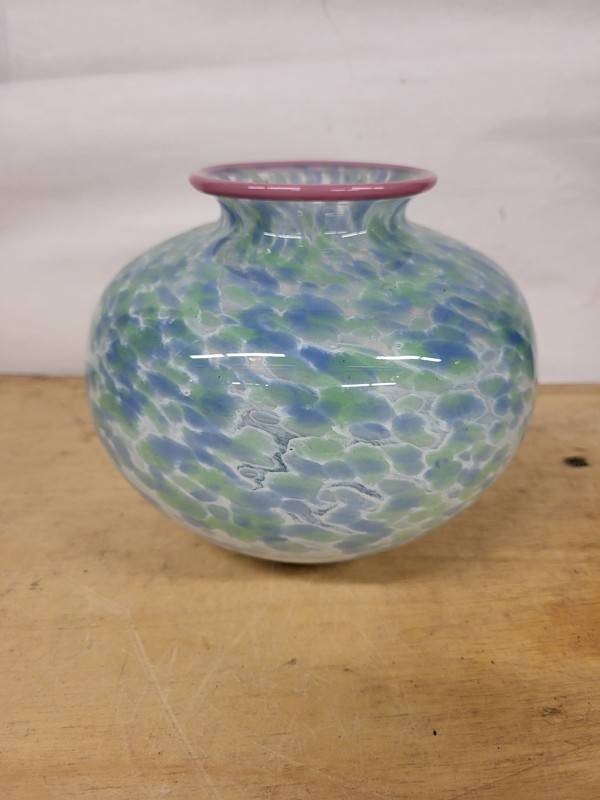 Art Glass Vase With Ruffled Pink Rim