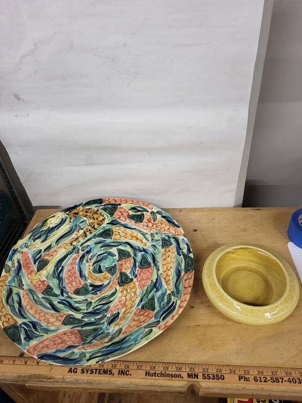 Hand-Painted Fish Platter & Yellow Ceramic Bowl (Lot of 2)
