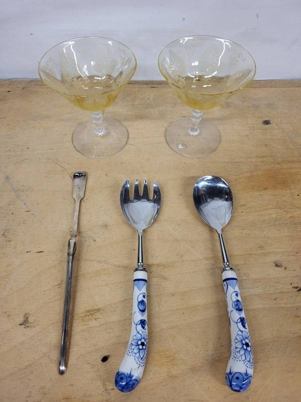 Etched Amber Glass Coupes, Serving Spoon & German Sugar Spoon Mixed Lot