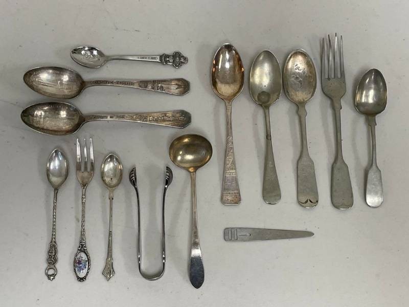Vintage Sterling and Silverplate Flatware Lot Souvenir Spoons Tongs