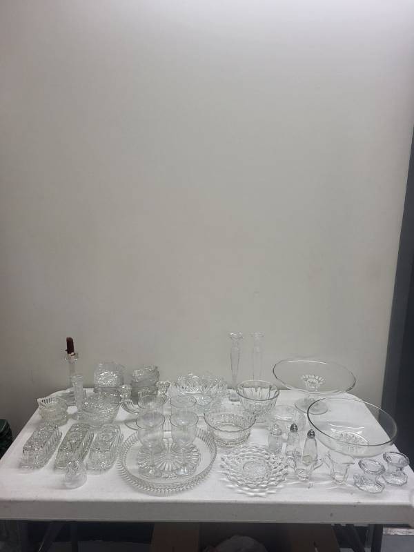 Box Lot of Vintage Pressed & Cut Glass Bowls Candlesticks Butter Dishes Vases