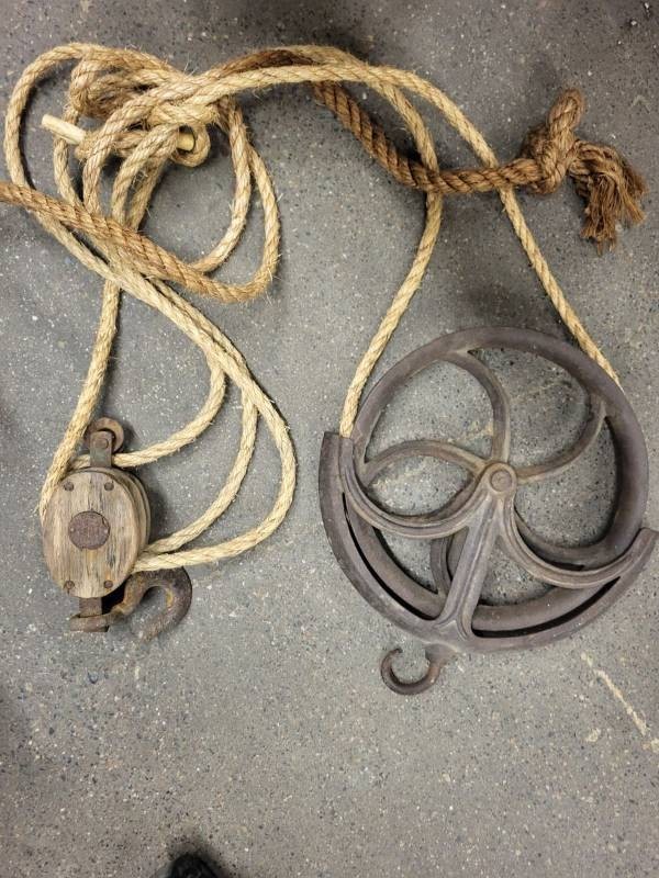 Antique Cast Iron Well Pulley Wheel, Wood Block & Tackle & Primitive Barn Iron Lot