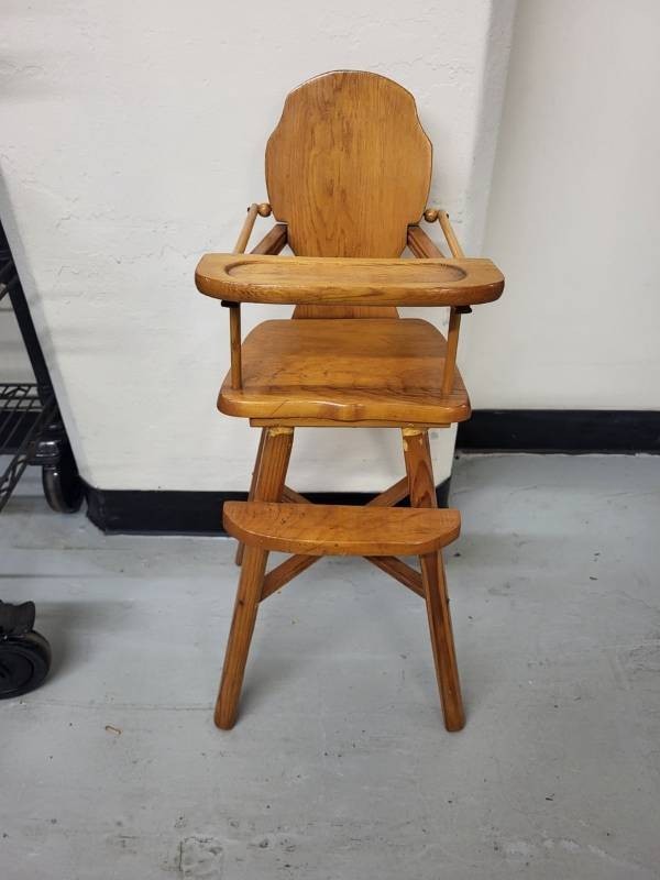 Vintage Wooden Doll High Chair with Flip-Up Tray and Footrest