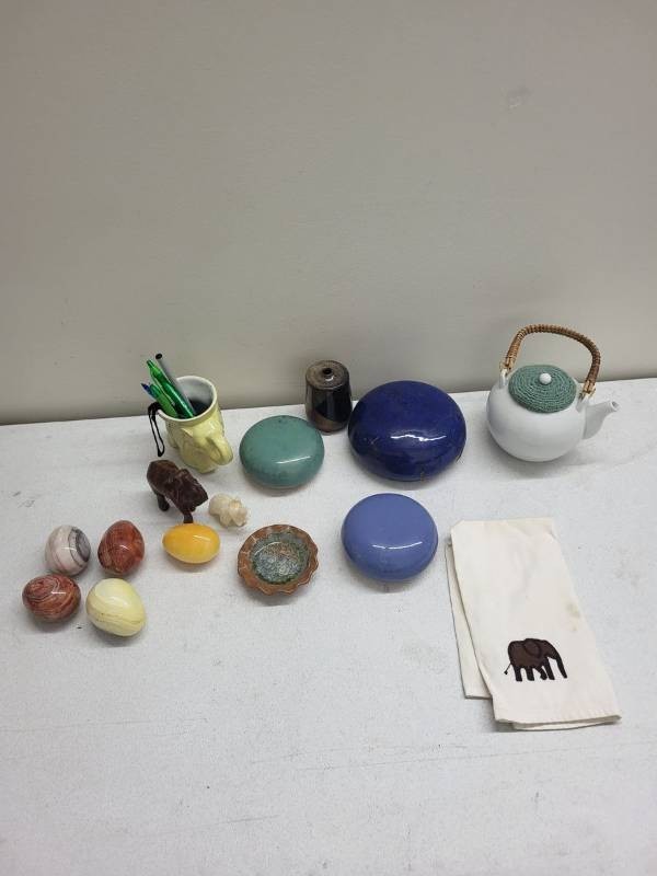 Box Lot Decorative Home Decor - Onyx Eggs, Elephants, Pottery, Teapot
